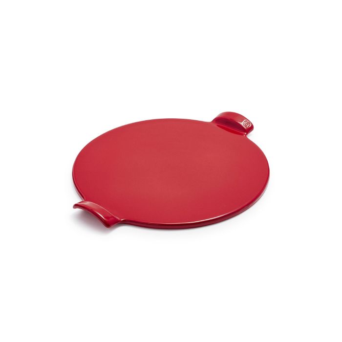 Emile Henry Smooth Pizza Stone, 36cm-Red round trivet with a handle on a white background