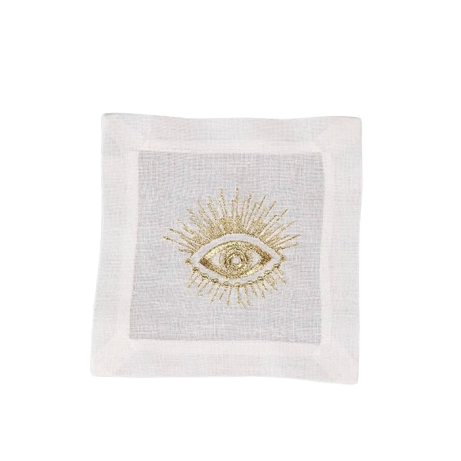 Fatima Linen Coasters Set of 4-White towel with gold embroidered eye design on a white background