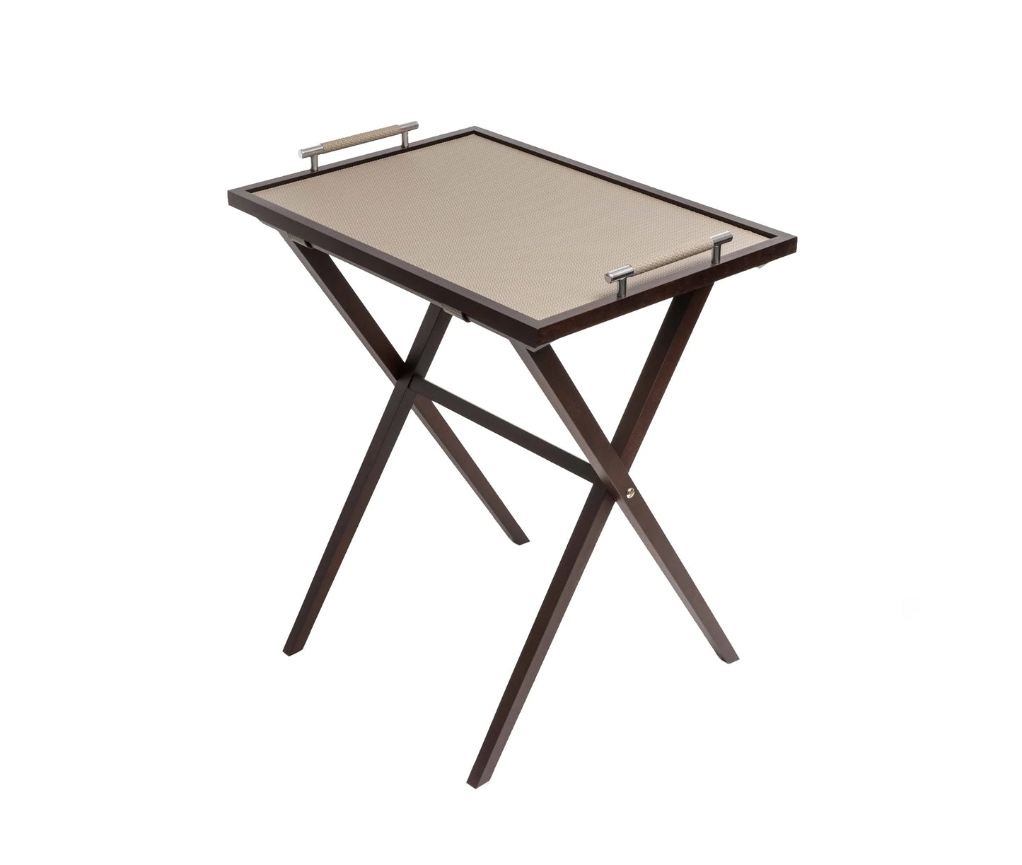 Folding tray table with beige top and brown frame on a white background
