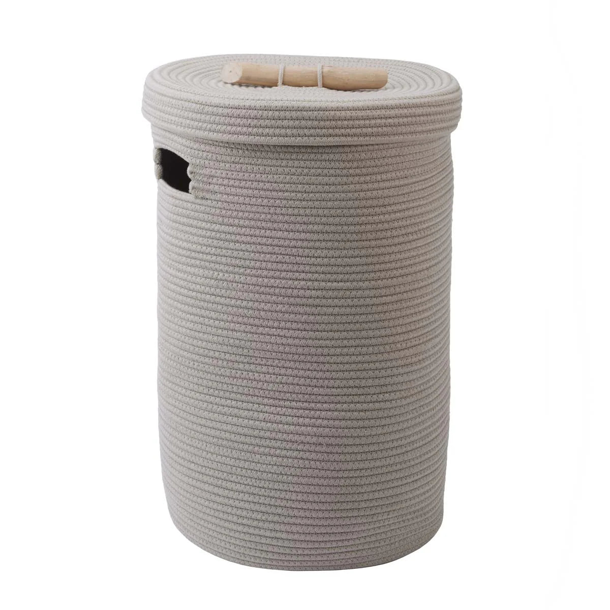 Gray woven basket with wooden handles on a white background