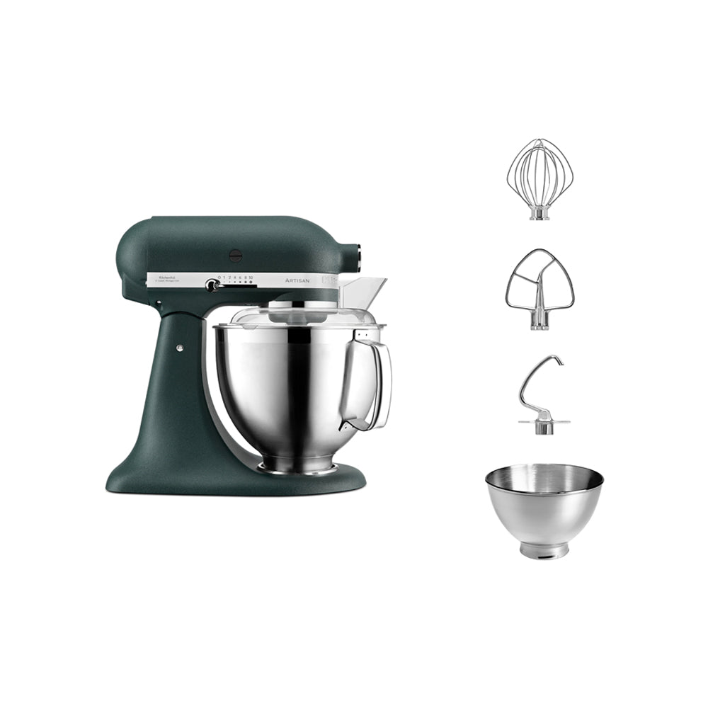 KitchenAid Green stand mixer with attachments on a white background