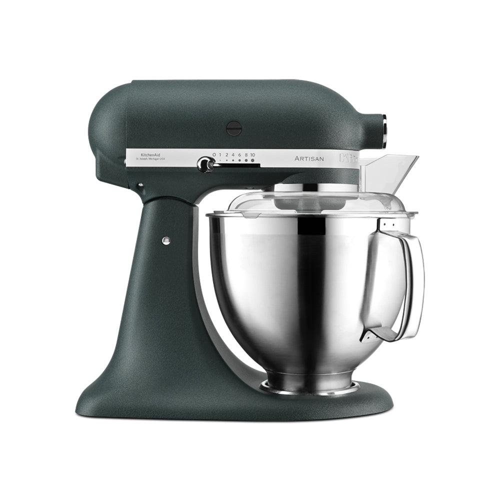 KitchenAid Green stand mixer with a silver bowl on a white background