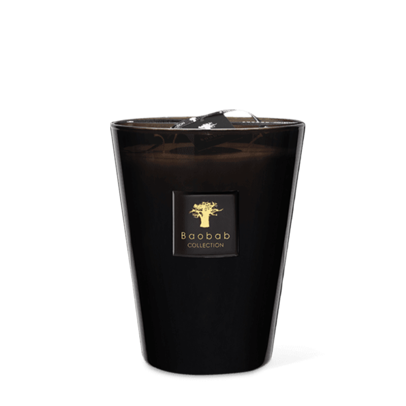 A black scented candle with a label that reads 'Baobab Collection' and has an image of a tree.