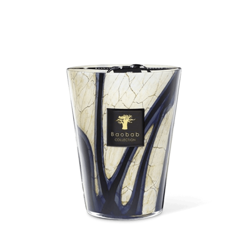 A scented candle with marbled glass design featuring intense blue effects and a label with a tree logo representing the Baobab Collection.