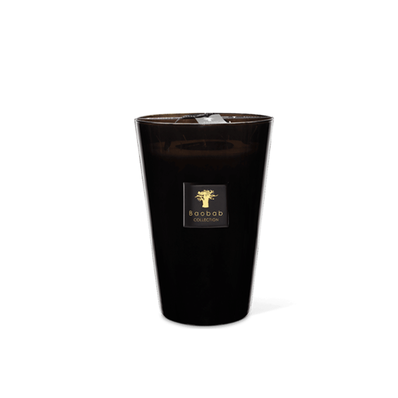 A black scented candle with a clear label that reads 'BOABAB COLLECTION' and has an image of a tree.