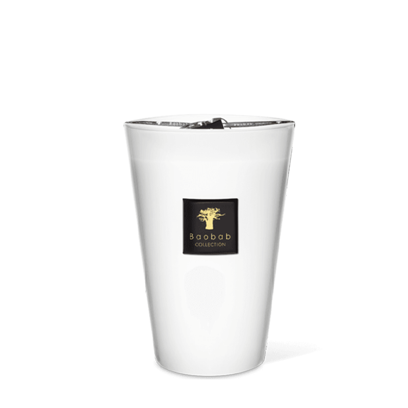 A white candle with a black label that reads 'Baobab Collection' and has an image of a moonstone.