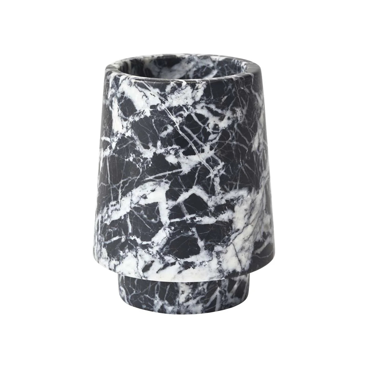 Marble-patterned cylindrical container on a white background
