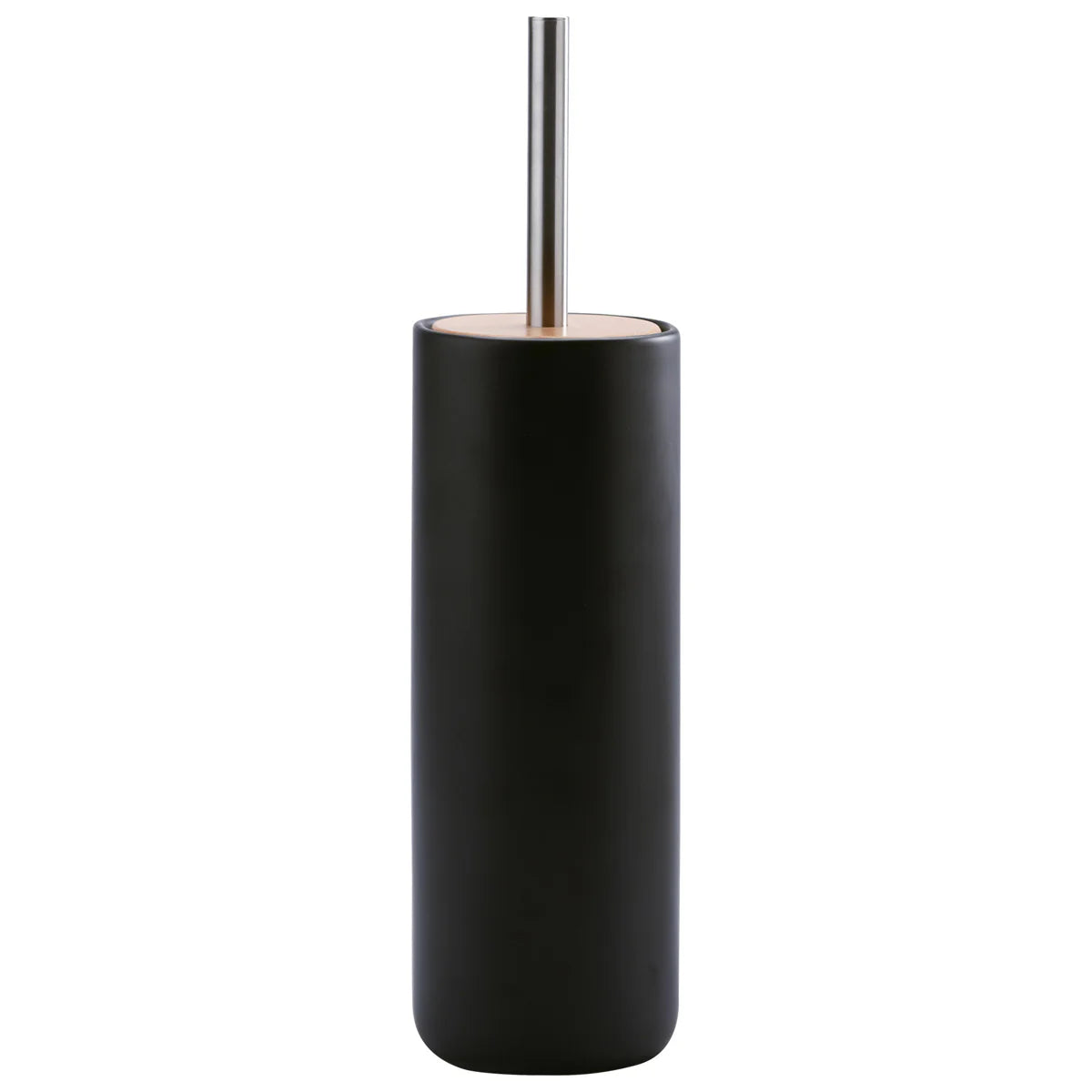 Black cylindrical toilet brush holder with a silver handle on a white background
