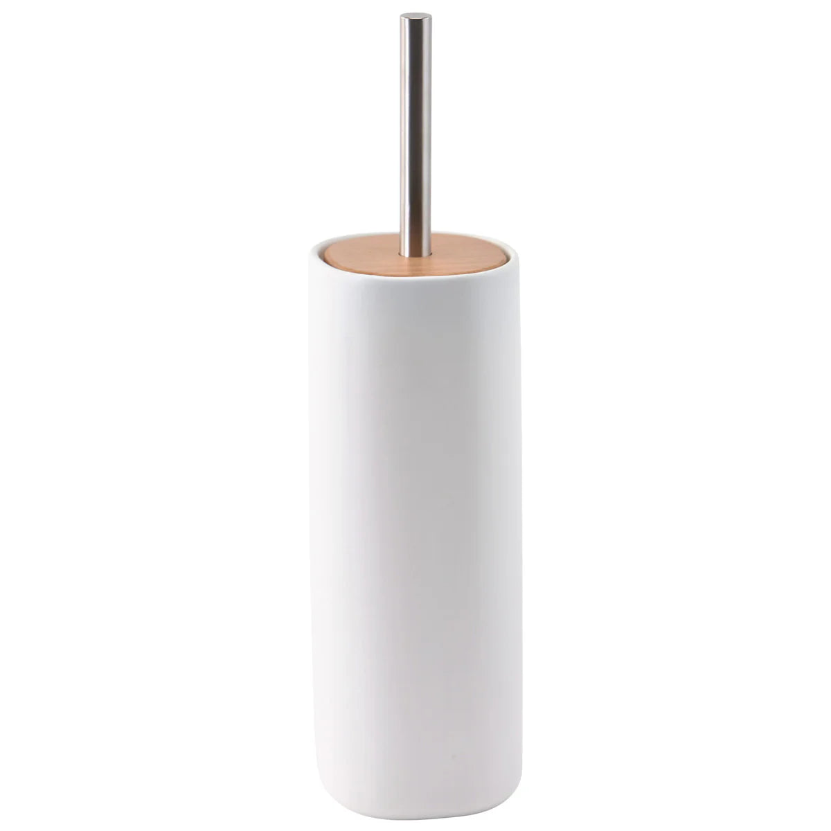 White toilet brush holder with a wooden base and metal handle on a white background