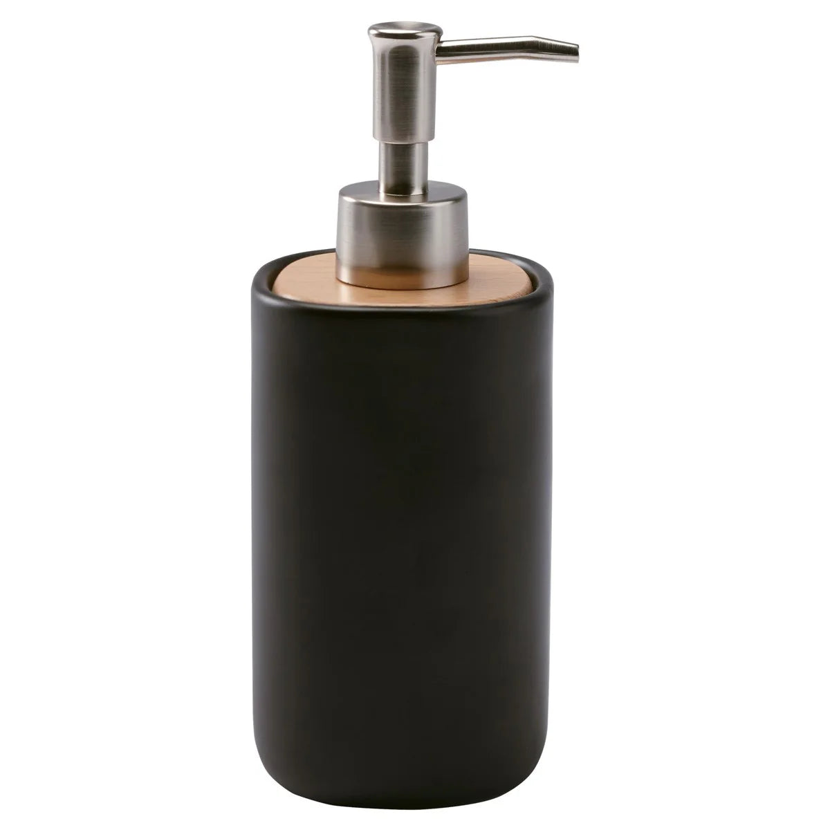 Black soap dispenser with wooden top and silver pump on a white background