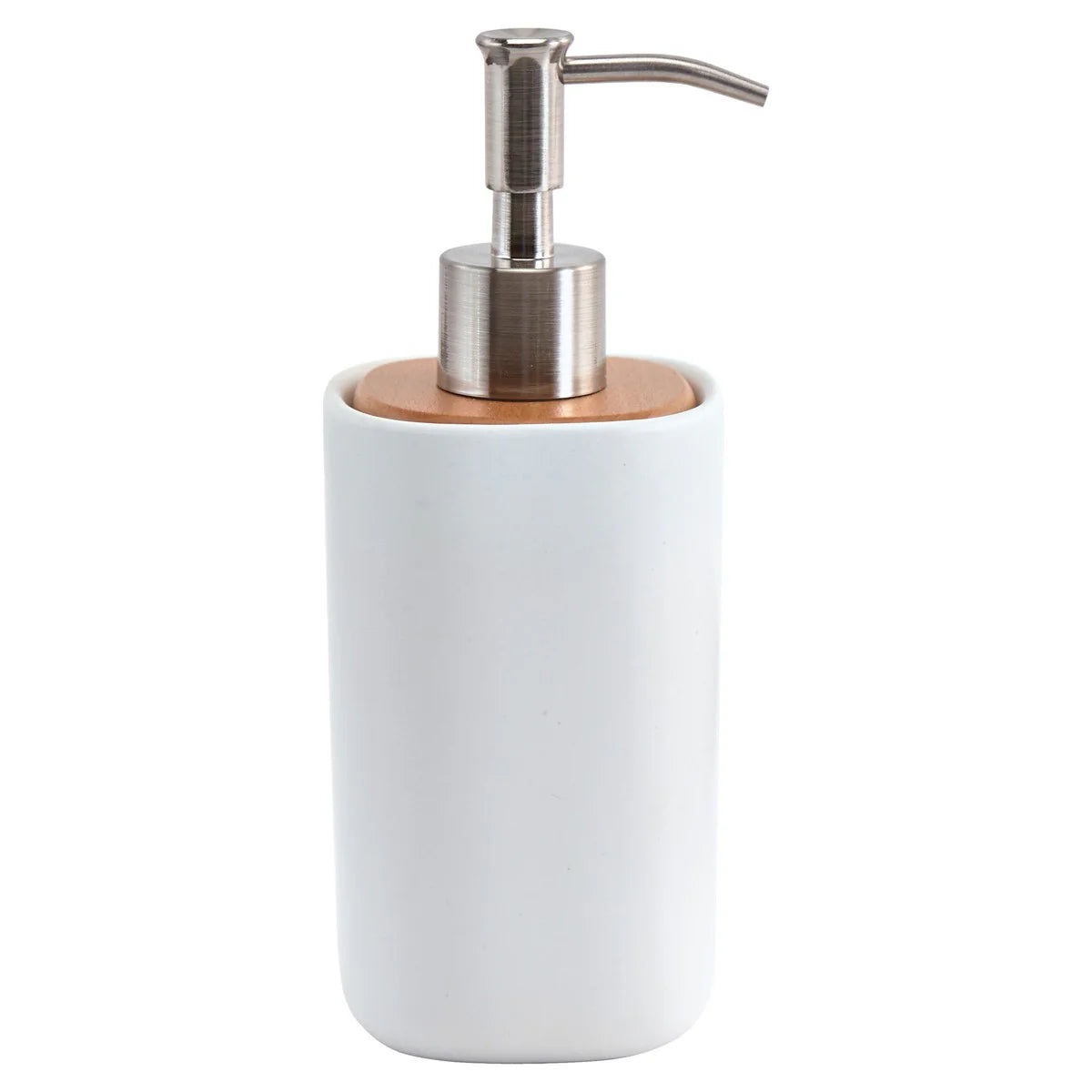 White soap dispenser with wooden top and silver pump on a white background