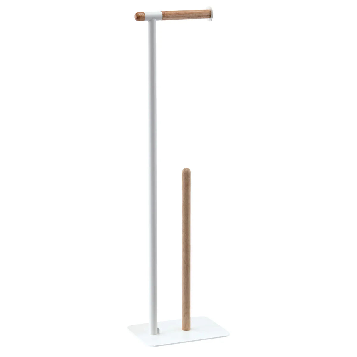 White coat stand with wooden accents on a white background