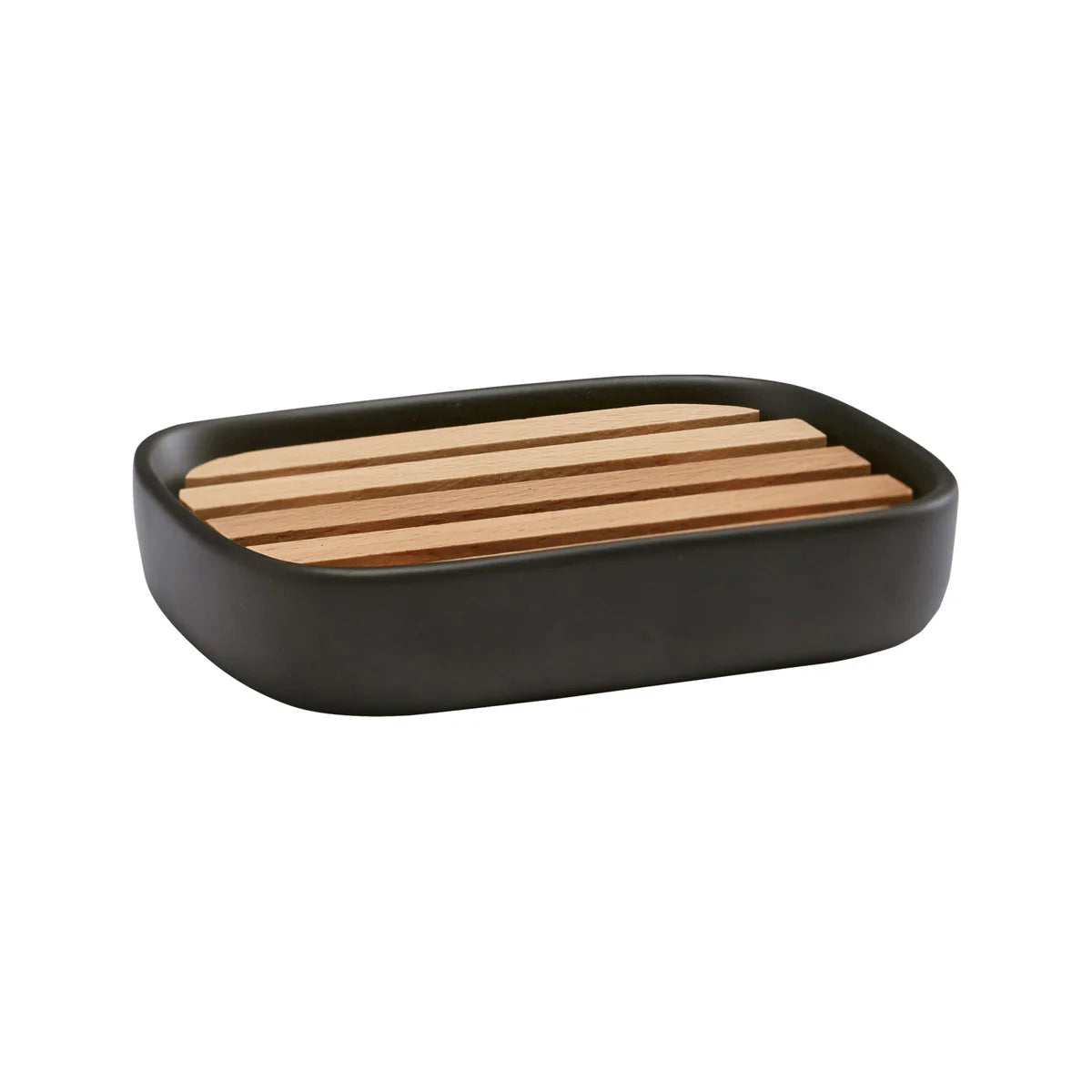 Black soap dish with wooden slats on a white background