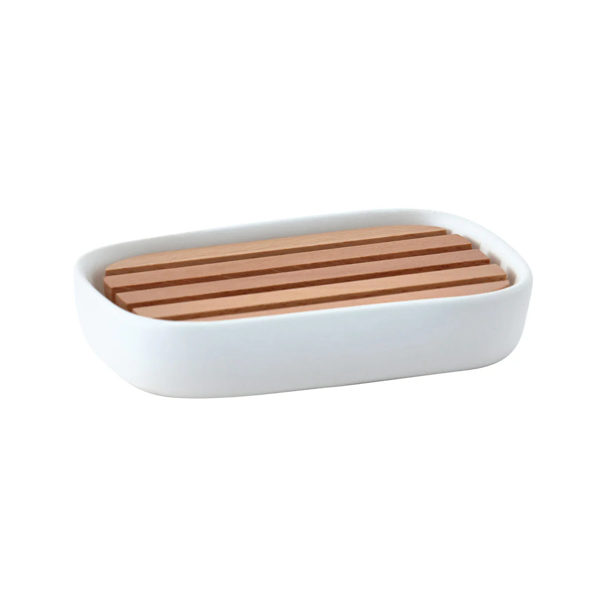 White soap dish with wooden slats on a white background