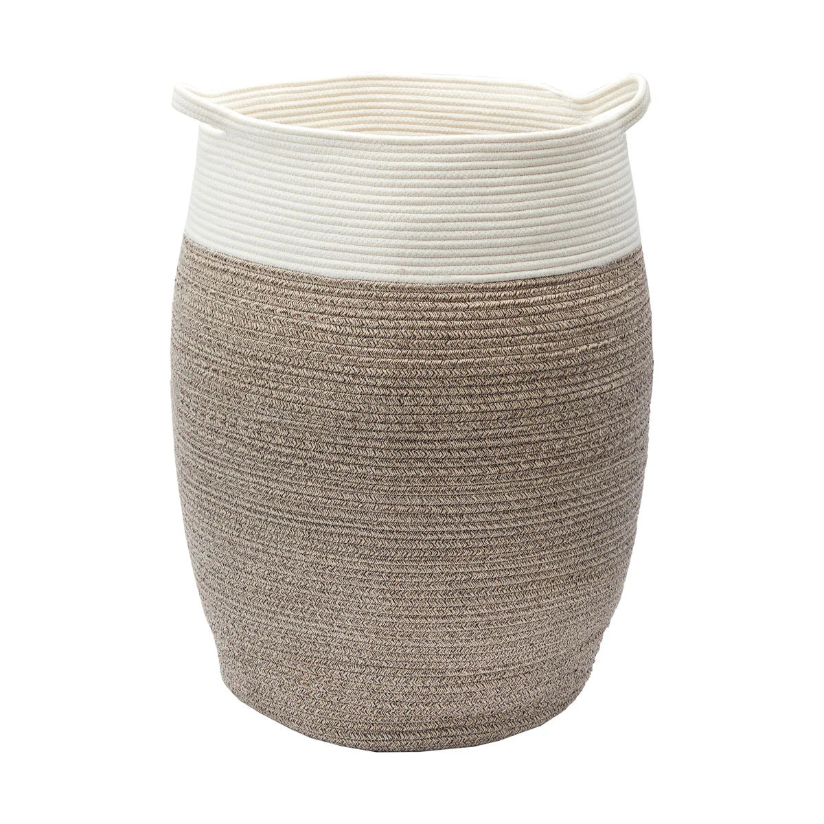 Woven basket with white top and brown bottom on a white background