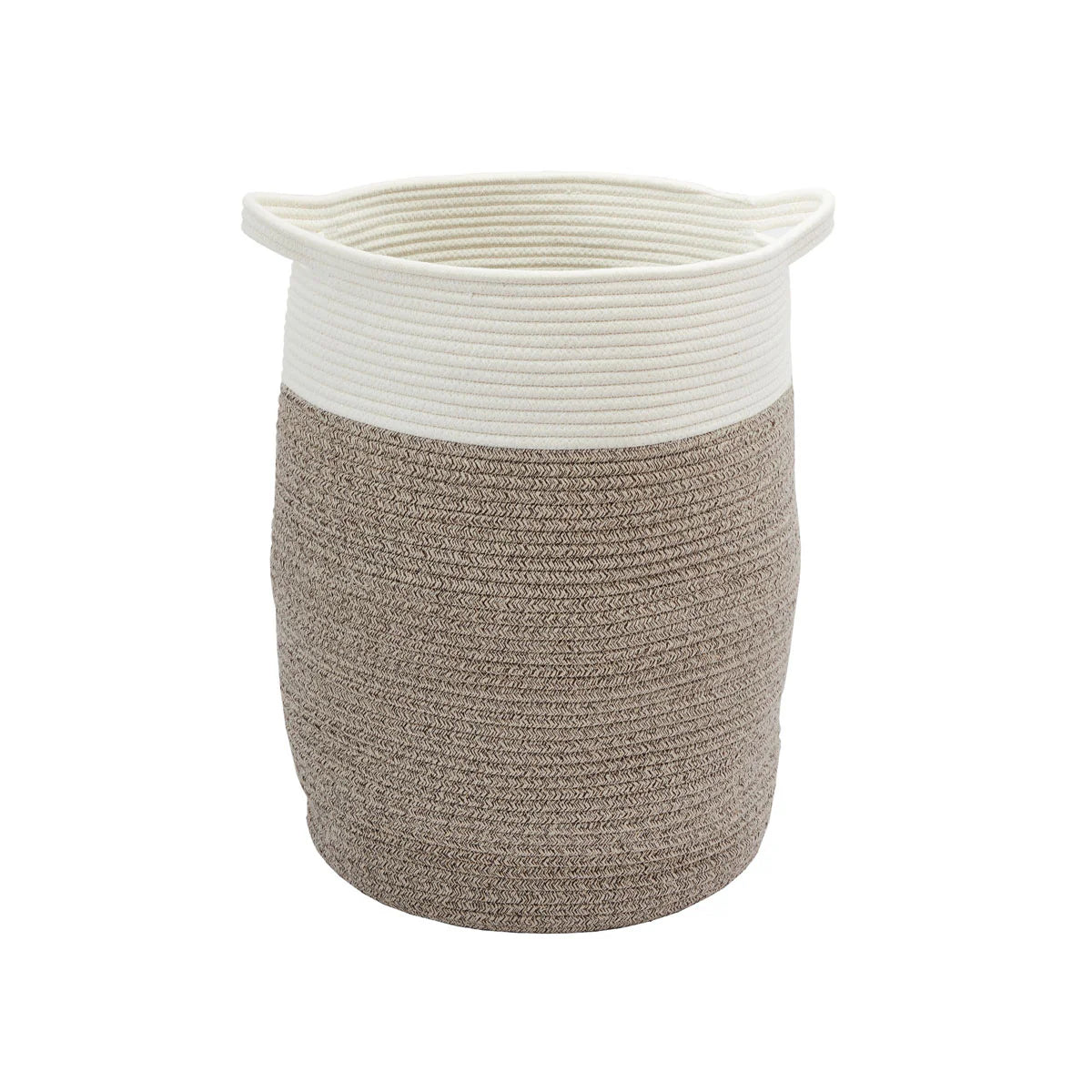 Woven basket with white top and brown bottom on a white background