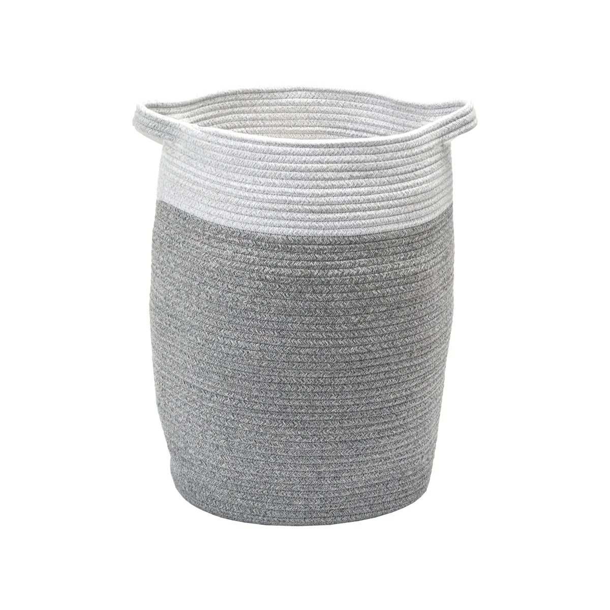 Gray woven basket with white top on a white background