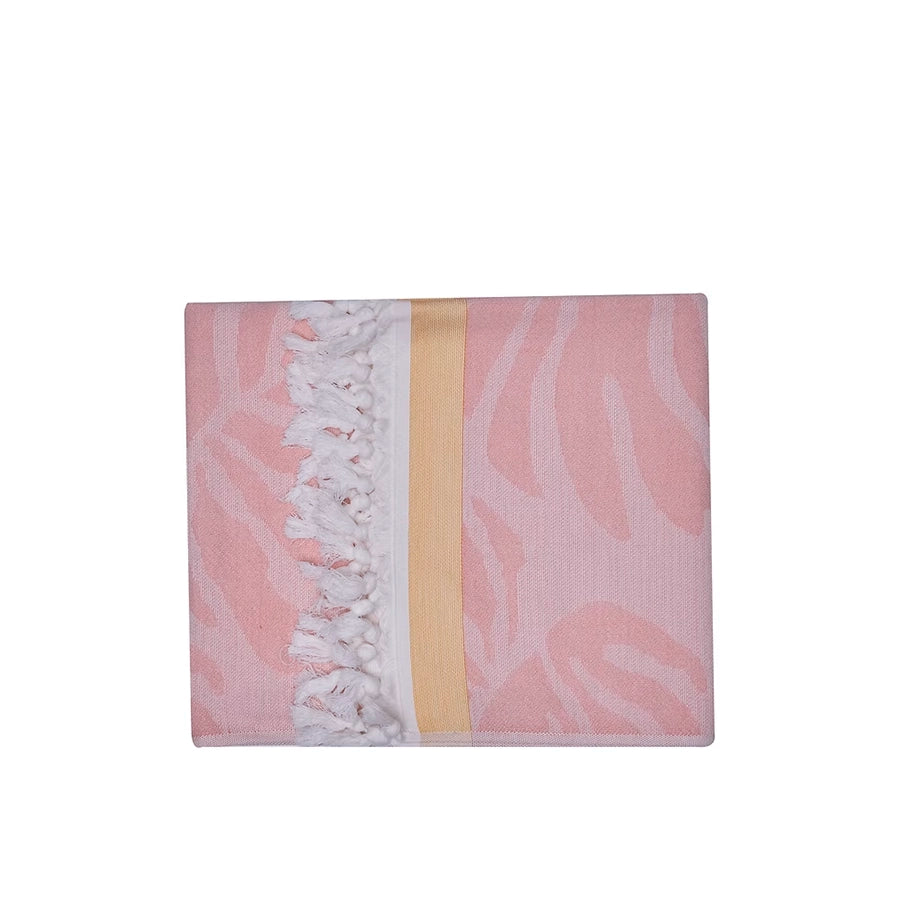 Premium Vivace Cotton Beach Towel-Pink patterned towel with white fringe and a yellow stripe on a white background