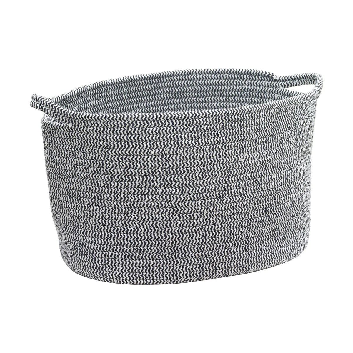 Woven basket with a striped pattern on a white background