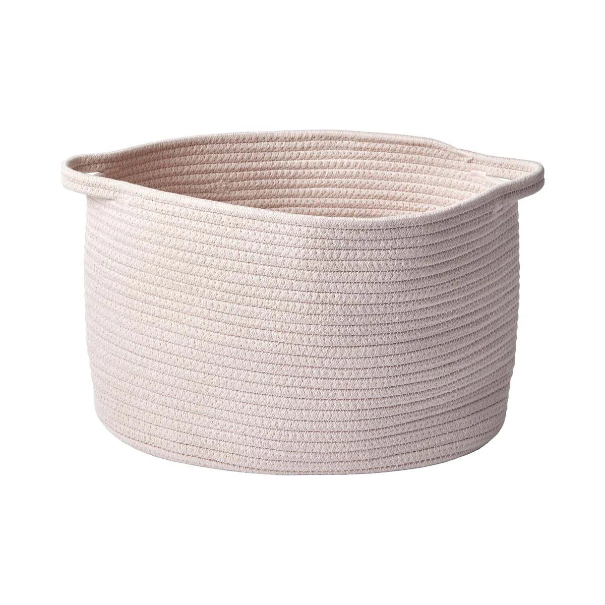 Beige woven basket on a white background