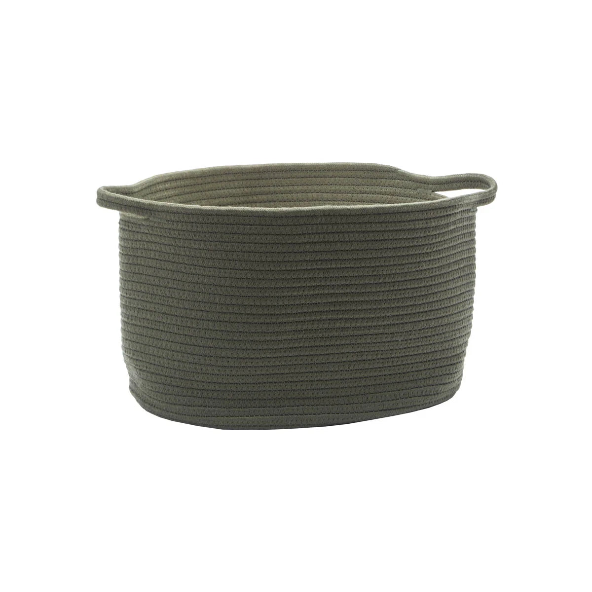 Green woven basket with handles on a white background