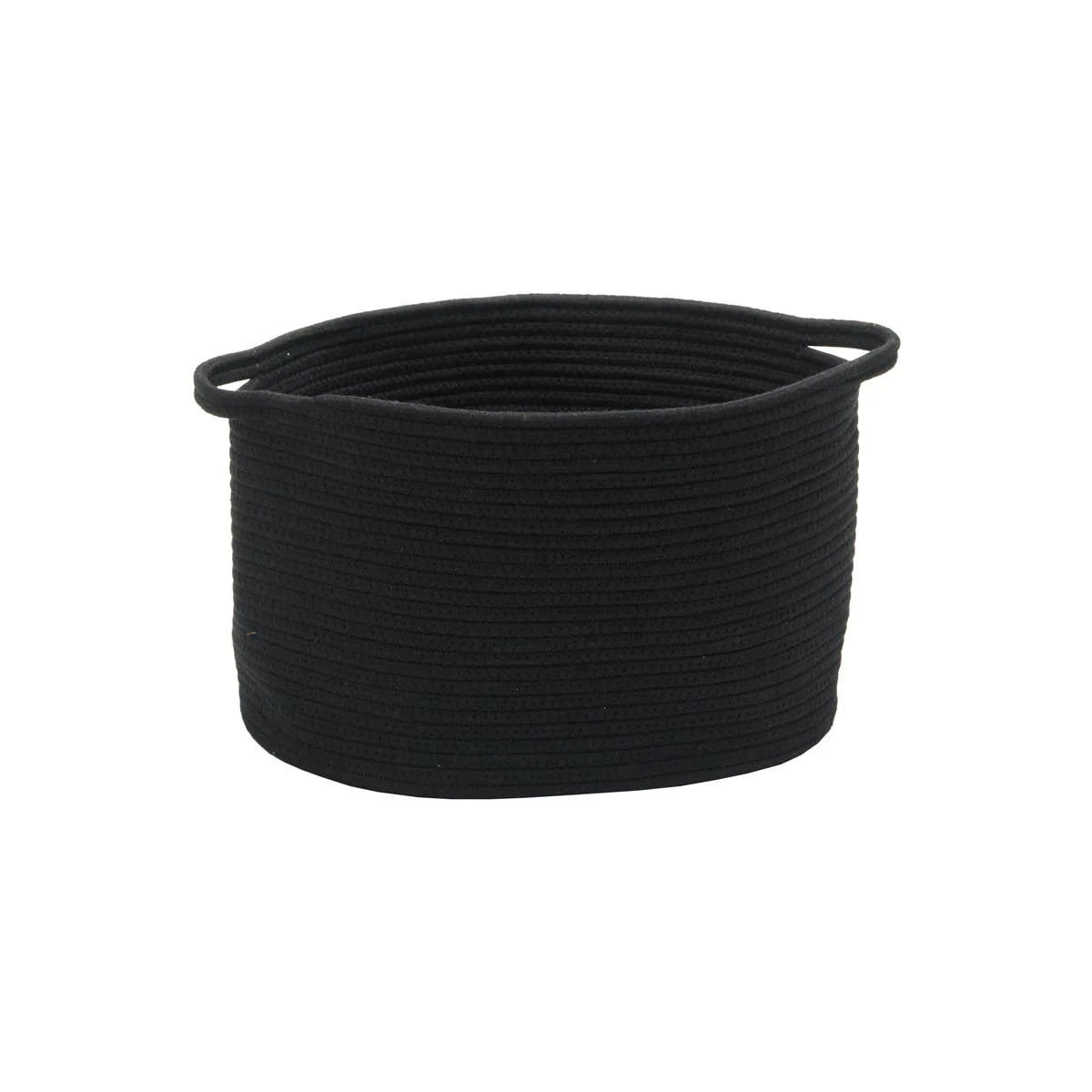 Black woven basket with handles on a white background