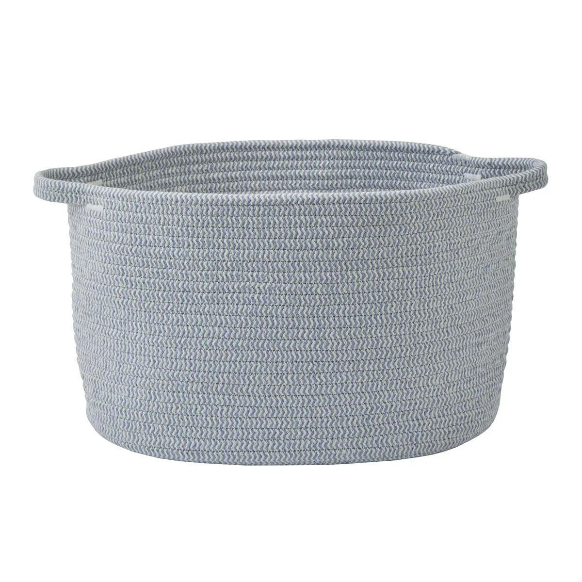 Woven basket made of light blue material on a white background