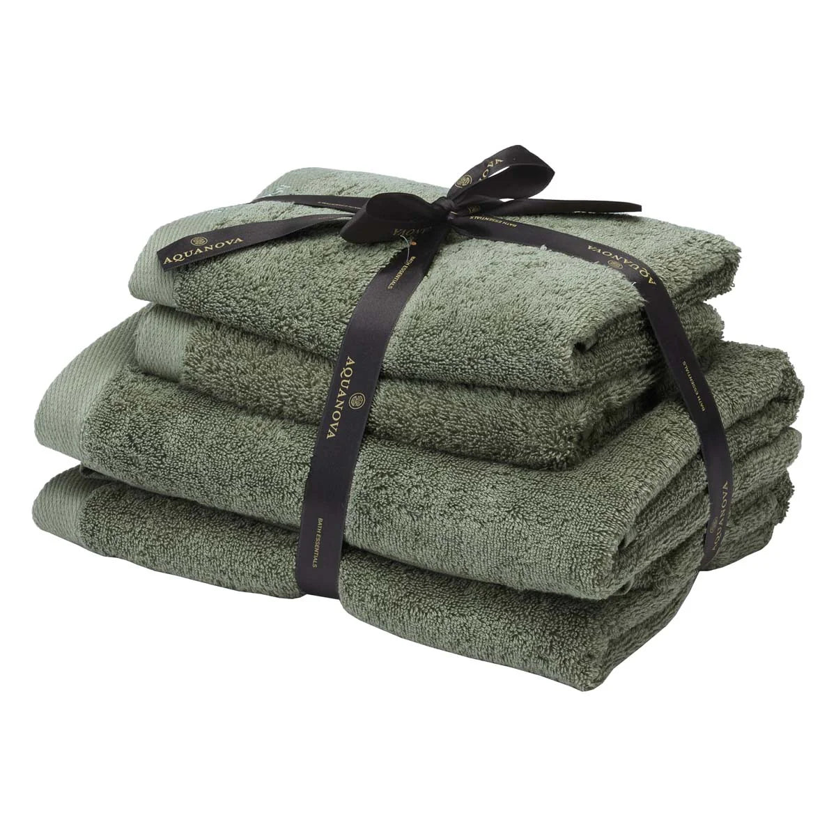 Stack of green towels tied with a black ribbon on a white background