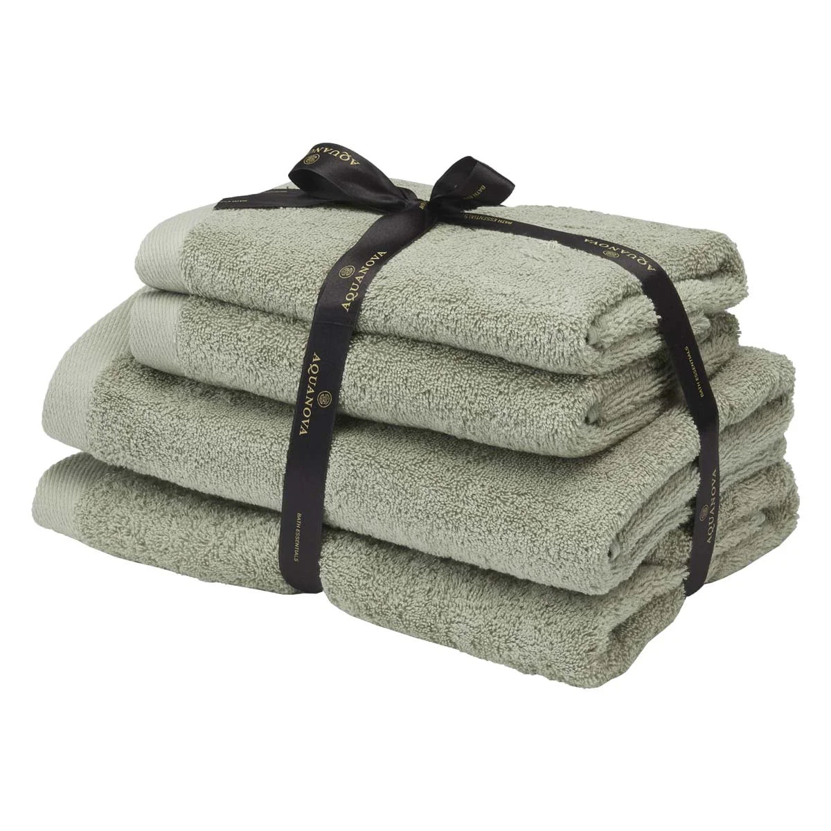 Stack of green towels tied with a black ribbon on a white background