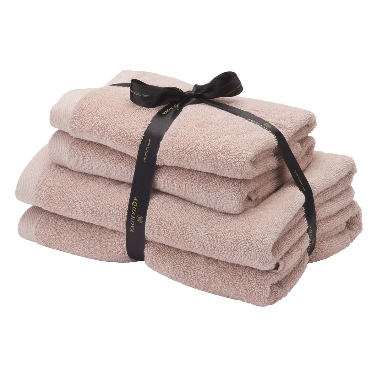 Stack of beige towels tied with a black ribbon on a white background