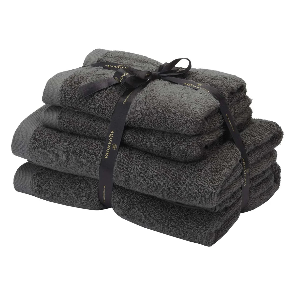 Stack of dark gray towels tied with a ribbon on a white background