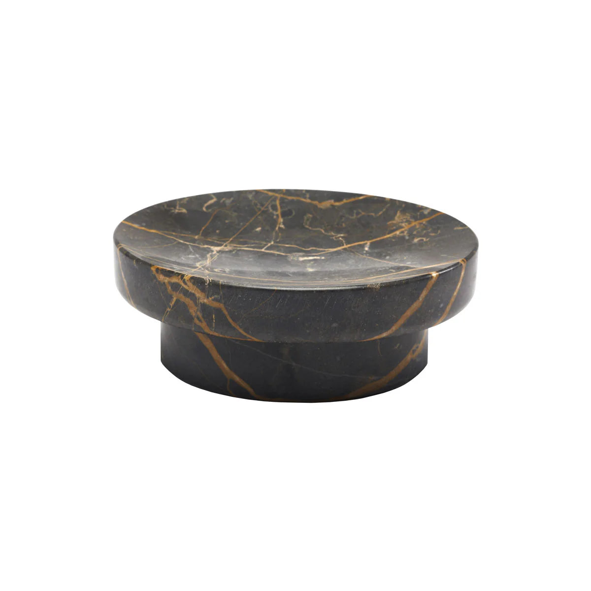 Round marble table with black and gold vein pattern on a white background