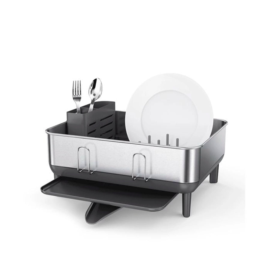 Simplehuman Compact Steel Frame Dishrack Dish drying rack with plates, fork, and spoon