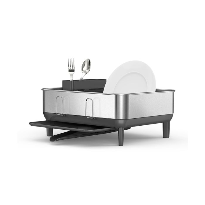 Simplehuman Compact Steel Frame Dishrack Dish rack with plates, cutlery, and a sponge
