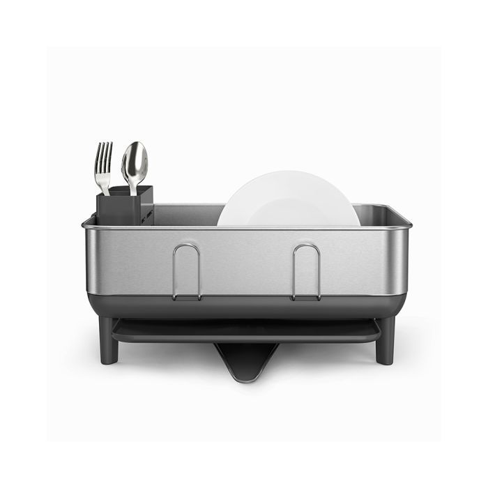 Simplehuman Compact Steel Frame Dishrack Dish drying rack with a bowl and utensils