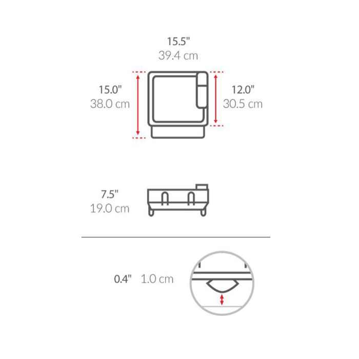 Simplehuman Compact Steel Frame Dishrack Measurement chart for a product with dimensions labeled in both inches and centimeters.