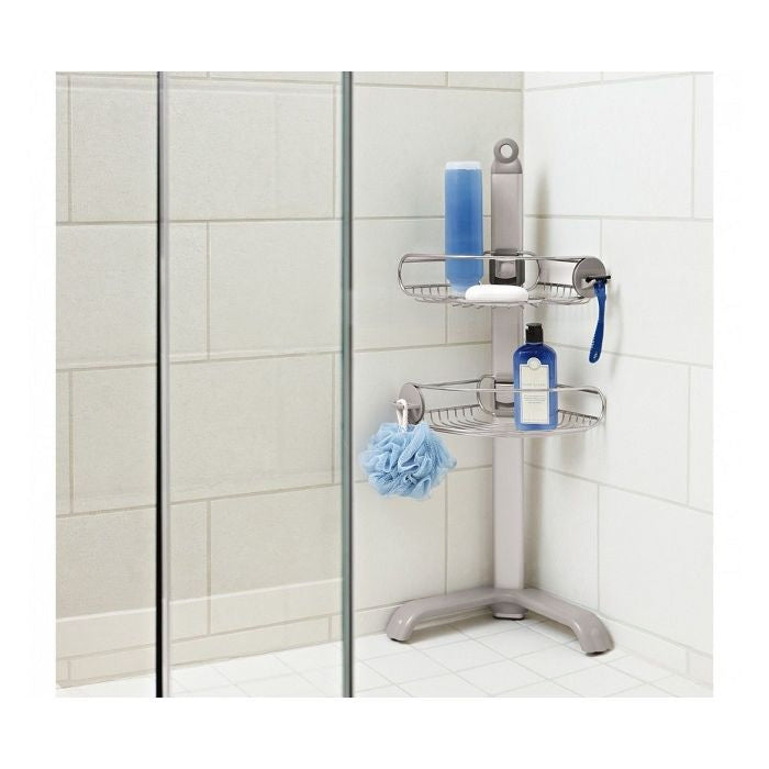 Simplehuman Corner Shower Caddy-Corner shower caddy with cleaning supplies in a tiled shower area