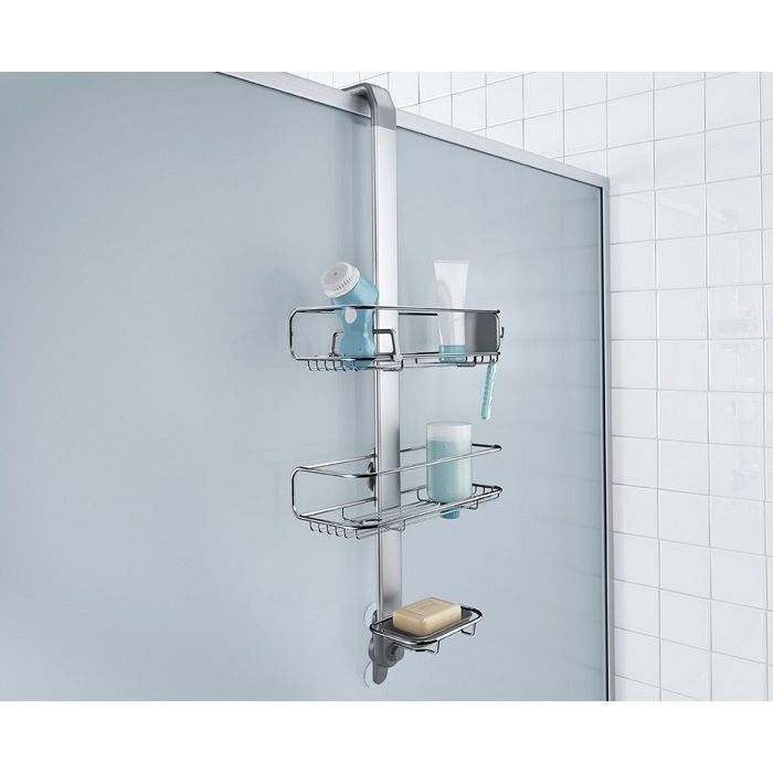 Simplehuman Over Door Shower Caddy-Shower caddy with toiletries against a tiled shower wall