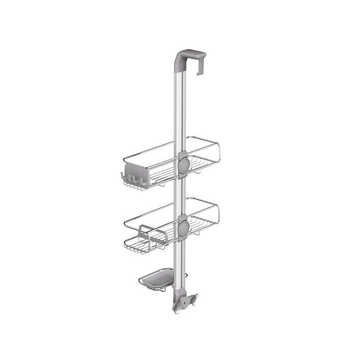 Simplehuman Over Door Shower Caddy-Silver shower caddy with multiple shelves on a white background