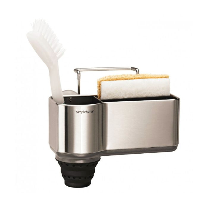 Simplehuman Sink Caddy-Stainless steel kitchen sink caddy with cleaning tools on a white background