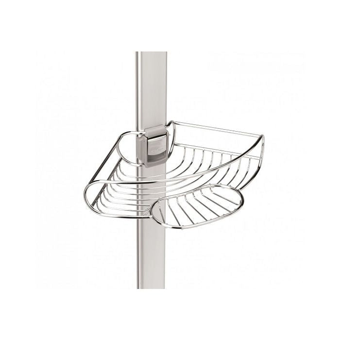 Simplehuman Tension Shower Caddy-Corner shower caddy attached to a shower wall with a white background