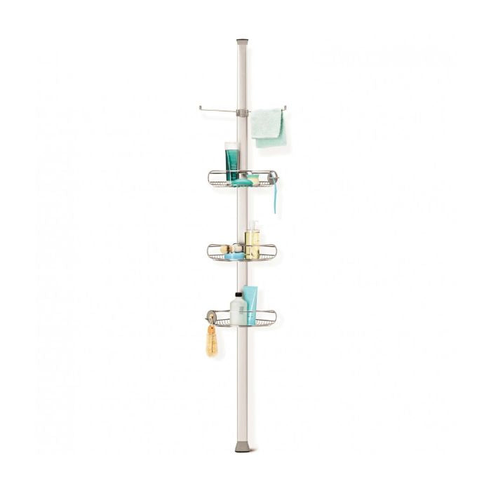 Simplehuman Tension Shower Caddy-Tension shower rod with shelves holding toiletries on a white background