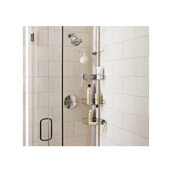 Simplehuman Tension Shower Caddy-Shower setup with a shower head, soap dish, and shower caddy on a tiled wall.