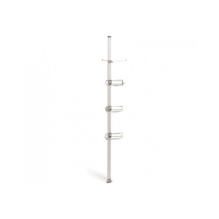 Simplehuman Tension Shower Caddy-Metal shower caddy with multiple hooks on a white background