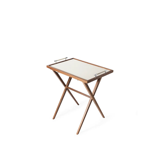 Small folding table with a white surface and wooden frame on a white background