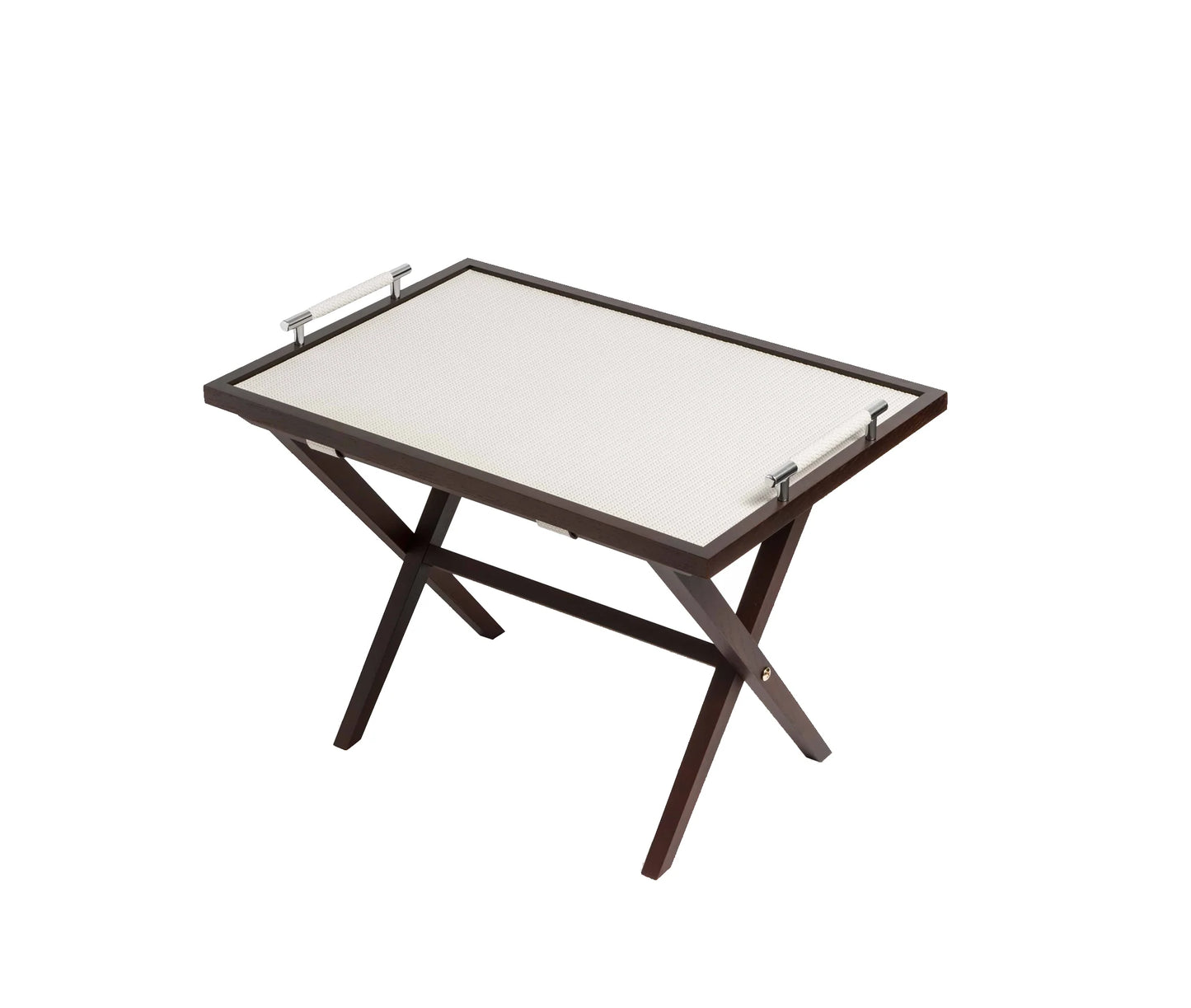 Small table with a glass top and wooden frame on a white background