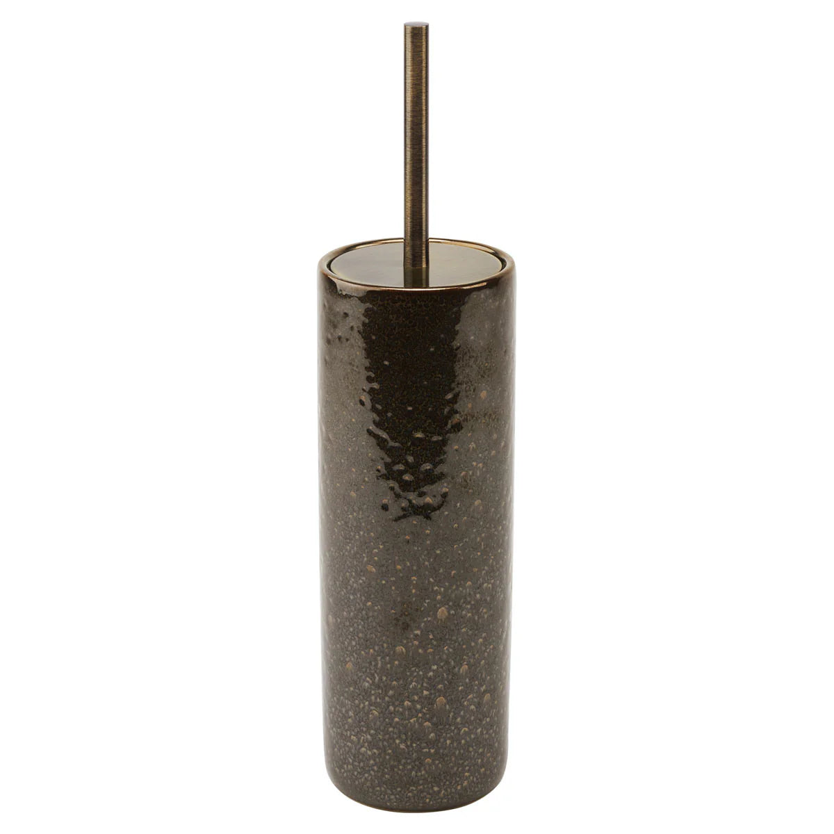 Dark speckled cylindrical container with a metallic straw on a white background