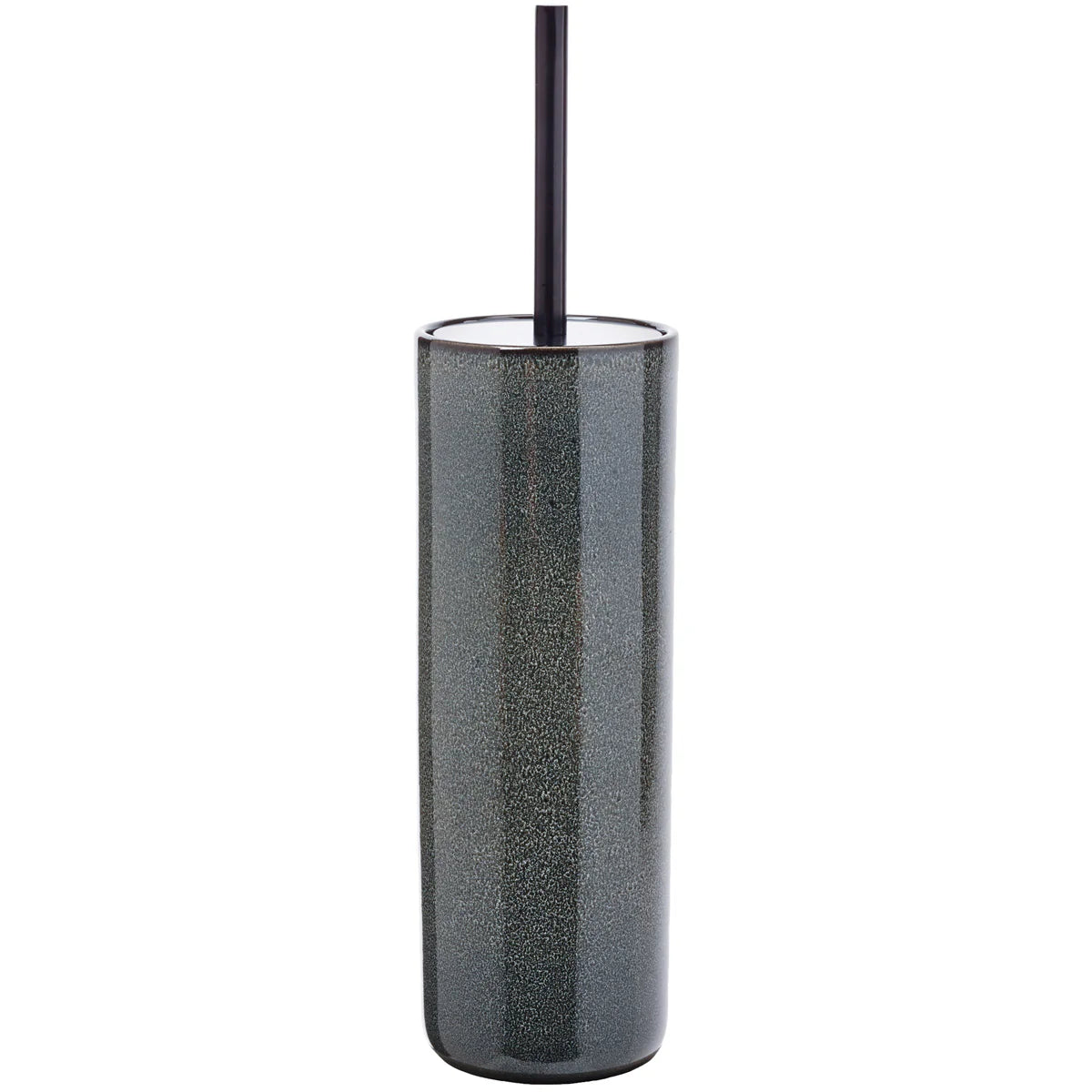 Gray cylindrical brush holder with black handle on a white background