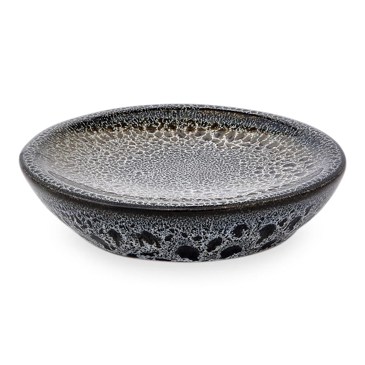 Ceramic bowl with textured black and gray design on a white background