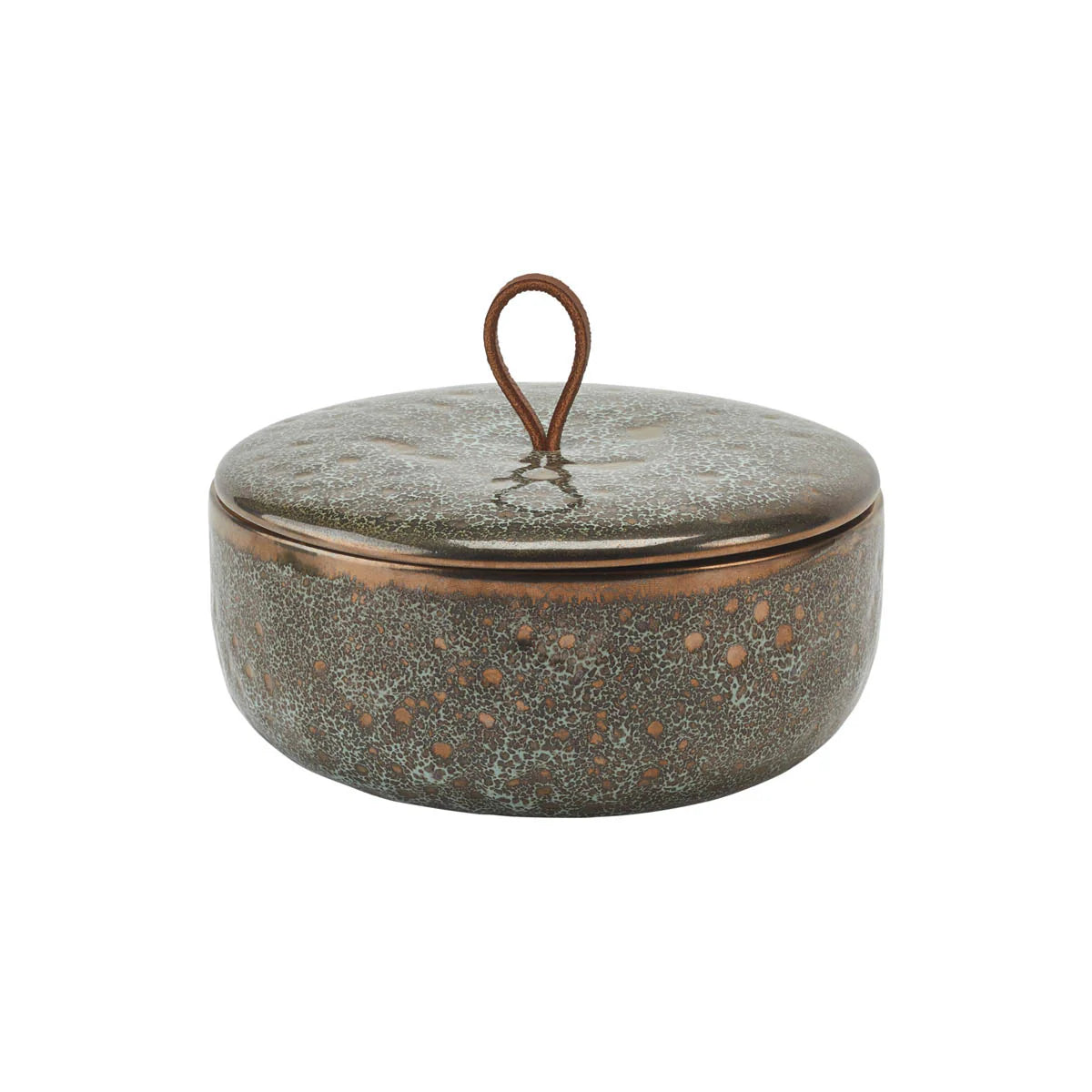 Decorative ceramic jar with speckled design and bronze handle on a white background